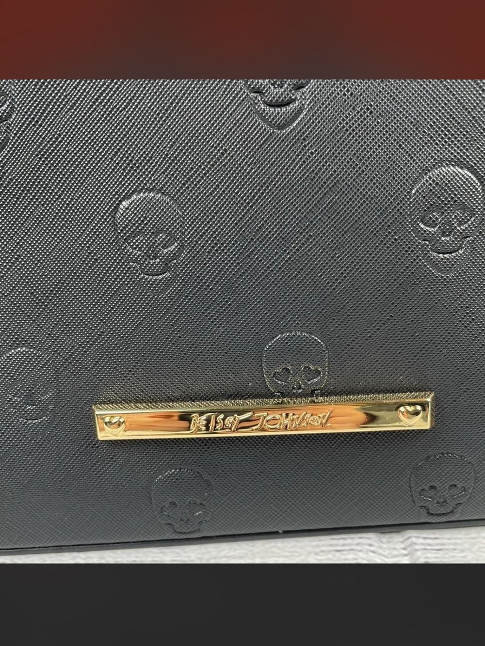 Betsey Johnson Black Embossed Skull Satchel with Gold Accent - Picture 4 of 6